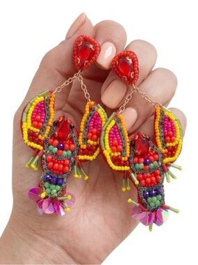 NWT Unique Handmade Beaded Lobster Earrings | Colorful Statement Dangles